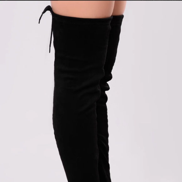 ✨ Black Faux Suede Thigh-High Drawstring Boots – 3¼" Heel ✨ - Picture 5 of 10